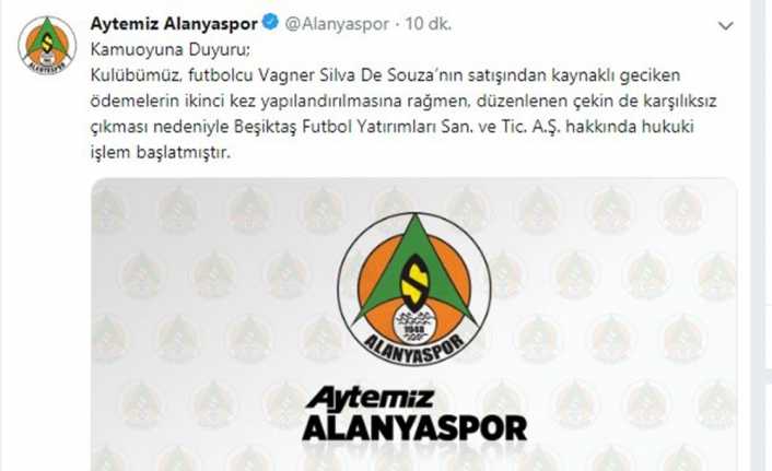 Aytemiz Alanyaspor Kulübü, Vagner Love’ın transfer taksitini ödenmediği için Beşiktaş