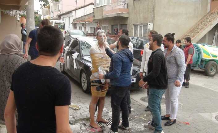 Bursa’nan İznik ilçesinde düğün günü arkadaşlarının damada yaptığı geleneksel şakalar