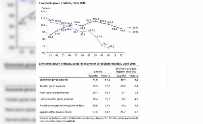 Ekonomik güven endeksi Ekim’de yüzde 4,8 azalarak 67,5 oldu. 