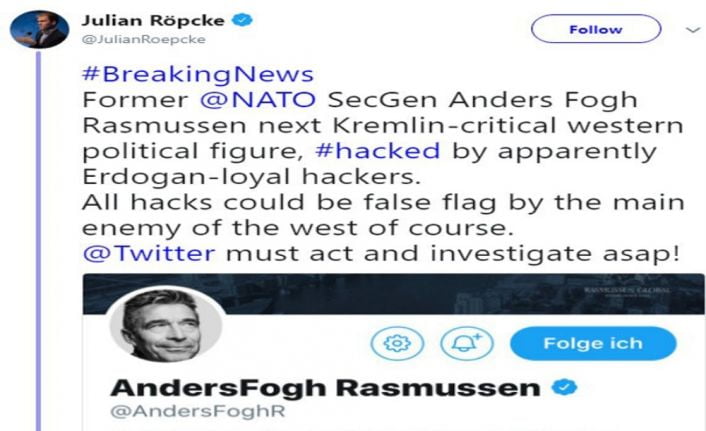 Eski NATO Genel Sekreteri Anders Fogh Rasmussen’in Twitter hesabı hacklendi.