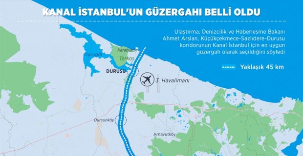 Kanal İstanbul'un güzergahı belli oldu! Ulaştırma, Denizcilik ve Haberleşme Bakanı Ahmet Arslan, Küçükçekmece-Sazlıdere-Durusu koridorunun Kanal