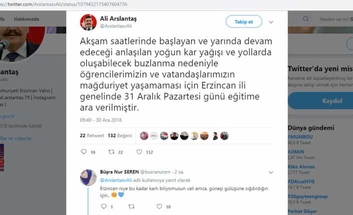 Öğrencilerden Vali Arslantaş'a Teşekkür Erzincan’da Vali Ali Arslantaş'ın, okulların tatil edildiği mesajını yayınlaması