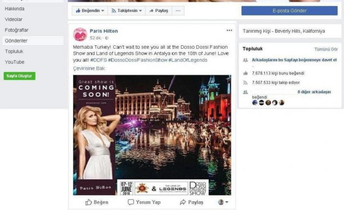 Antalya’da gerçekleştirilecek Dosso Dossi Fashion Show’un yıldızı Paris Hilton’dan mesaj
