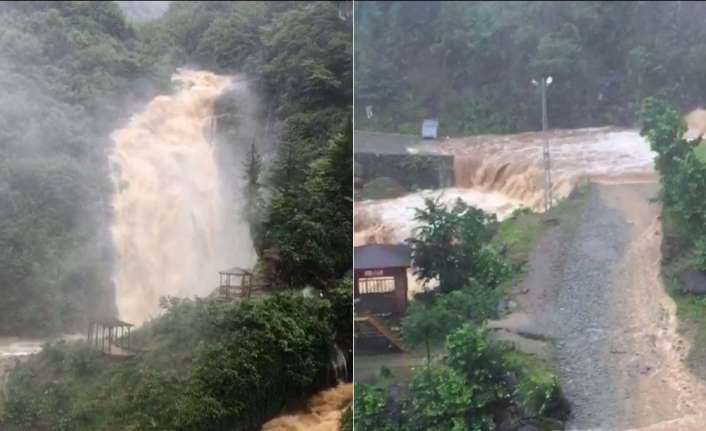 Rize’nin Çayeli ilçesinde bulunan Ağaran Şelalesi’nden aşırı yağış sonrası adeta