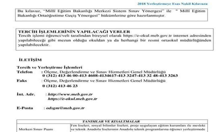 Milli Eğitim Bakanlığı, 2018 yılı Ortaöğretime Geçiş Tercih ve Yerleştirme