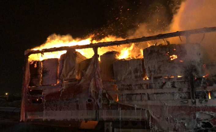 Kocaeli TEM otoyolunda karton yüklü tır alev alev yandı. Yangın