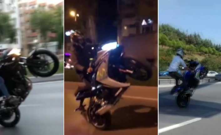 Fatih Sultan Mehmet Köprüsü üzerinde bir motosikletli maganda, tek tekerlek